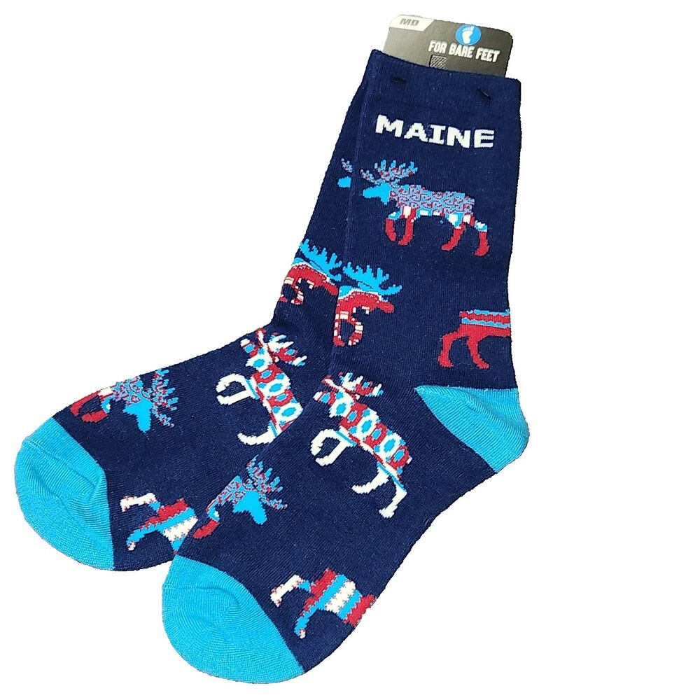 For Bare Feet Moose Print Maine Crew Socks Women's Shoes 6-11 Men's Shoes 5-10